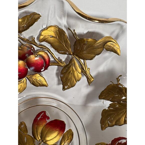 Vintage Glass Intaglio Fruit Bowl Goofus Glass Ruffled Gold Rim Red Fruit - Picture 5 of 14